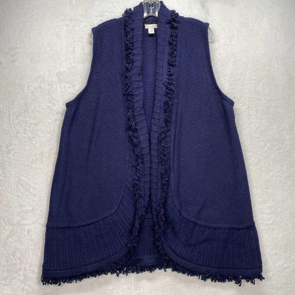 Chicos Cardigan Sweater Womens 3 XL Open front ruffle Indigo Blue boho chic-flaw